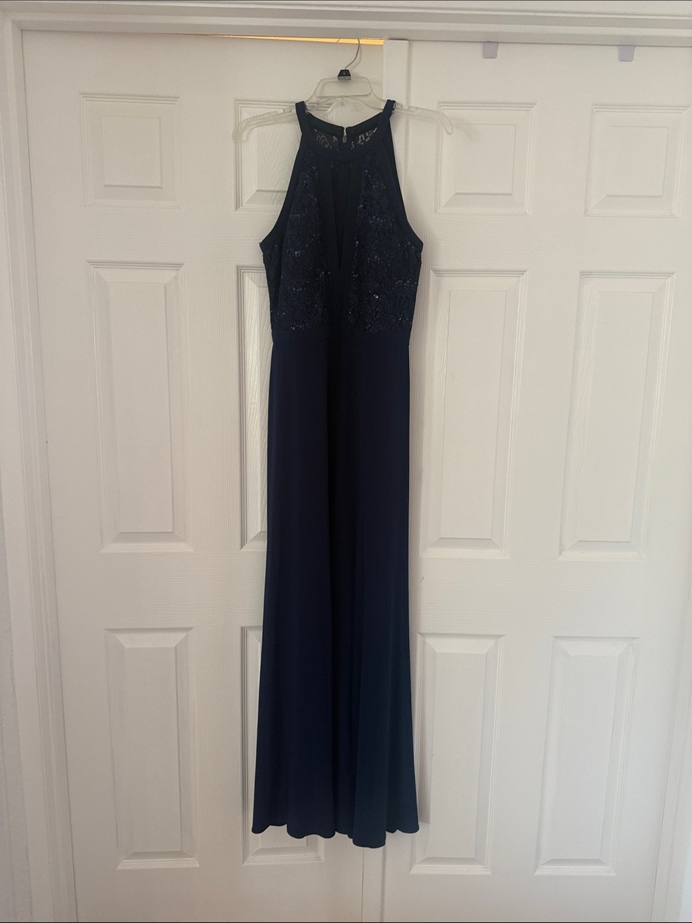 Navy Evening Gown Nightway with sequins on  Bodice and slit
